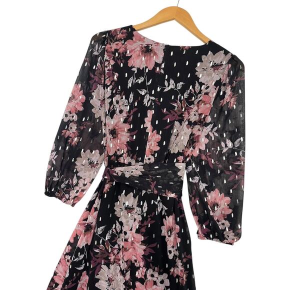 Eliza J Dress Womens 6 Black Pink Floral Maxi Wrap Chiffon Metallic Wimsigoth - Picture 13 of 16